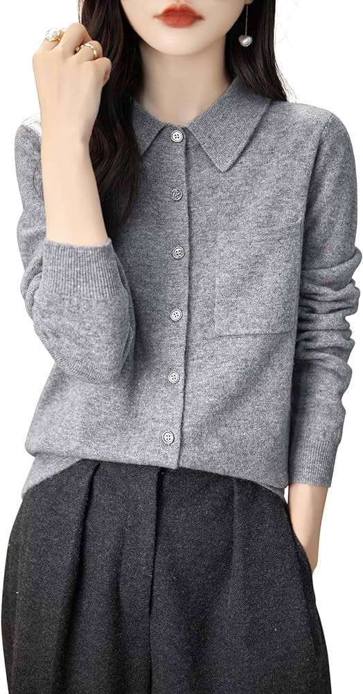 Chanyarn Women's Polo Neck 100% Merino Wool Sweater 2025 Spring Basic Long Sleeve Knitted Cardiga... | Amazon (US)