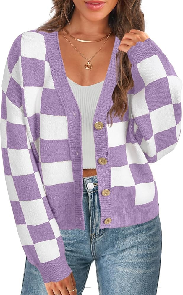 MEROKEETY Women's Cropped Cardigan Sweater Plaid Long Sleeve Button V Neck Open Front Knit Outerw... | Amazon (US)