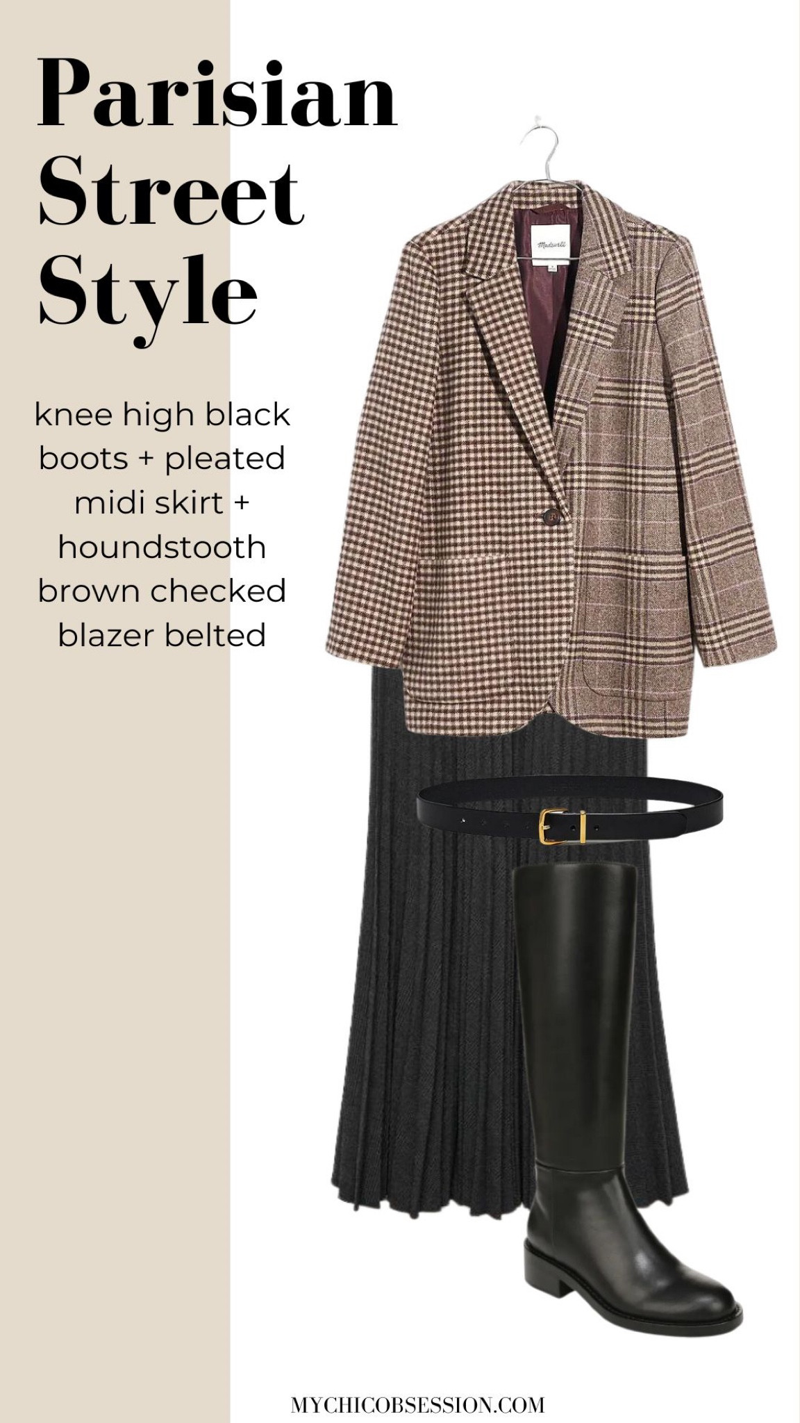 Here’s another idea for your pleated midi skirt styling: try a brown houndstooth blazer, belt it, and add black knee high boots to finish the look.

#LTKSeasonal #LTKstyletip