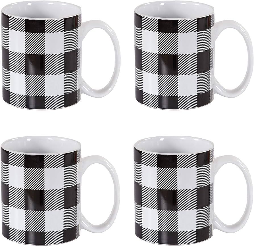 HiEnd Accents Camille Buffalo Check Coffe Mug Set of 4, Black and White Plaid Large Ceramic Mugs ... | Amazon (US)