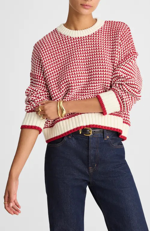 Madewell Textured Stitch Cotton Crewneck Sweater in Crimson And Ivory Combo at Nordstrom, Size Xx-Small | Nordstrom