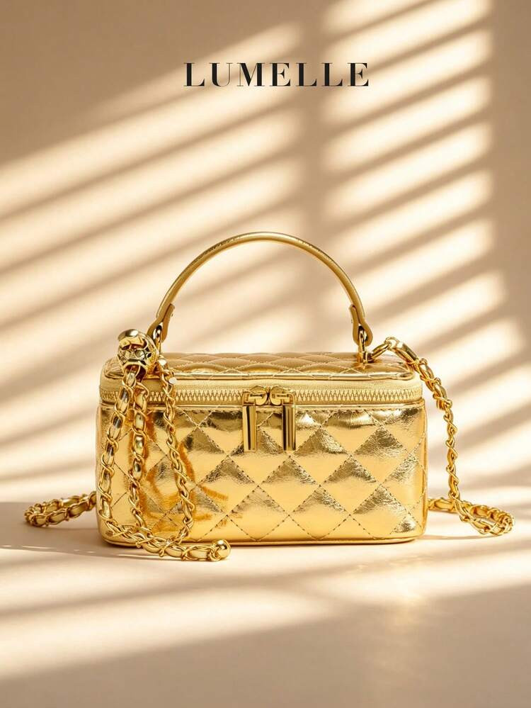 Metallic Gold Quilted Mini Vanity Bag, Women's Top Handle Crossbody Purse With Adjustable Gold Ch... | SHEIN