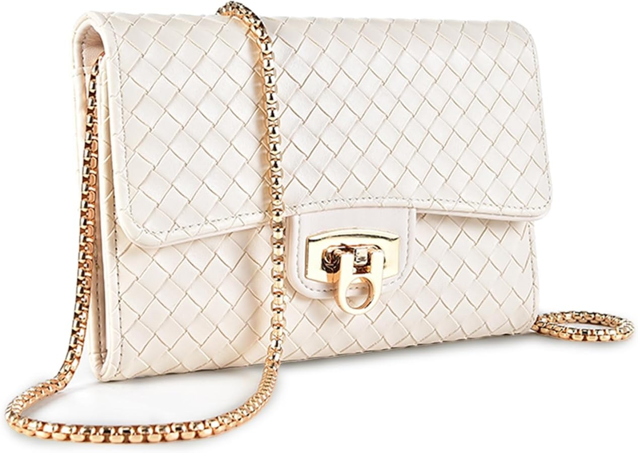 Women's Woven Leather Small Crossbody Bag - Small Flap Cell phone purse with Adjustable Gold Chai... | Amazon (US)