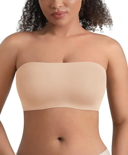 FeelinGirl Strapless Bra Seamless Wireless Padded Bandeau Bras for Women Plus Size Tube Top Bralette No Show Khaki XL | Amazon (US)