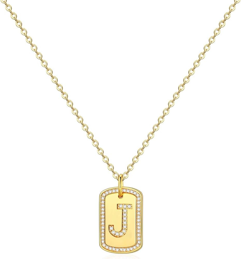 Gold Initial Necklaces for Women, 14K Gold Plated Square Cubic Zirconia Letter Necklaces Alphabet... | Amazon (US)