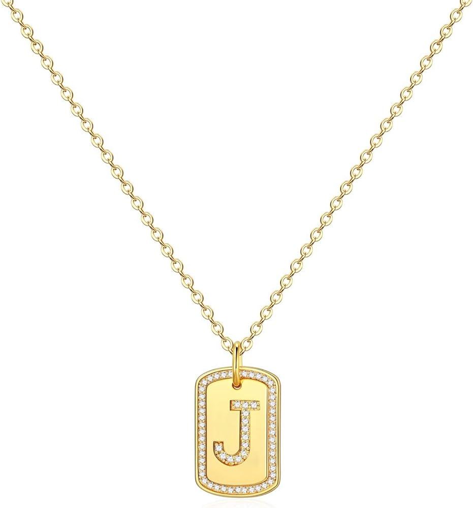Gold Initial Necklaces for Women, 14K Gold Plated Square Cubic Zirconia Letter Necklaces Alphabet... | Amazon (US)