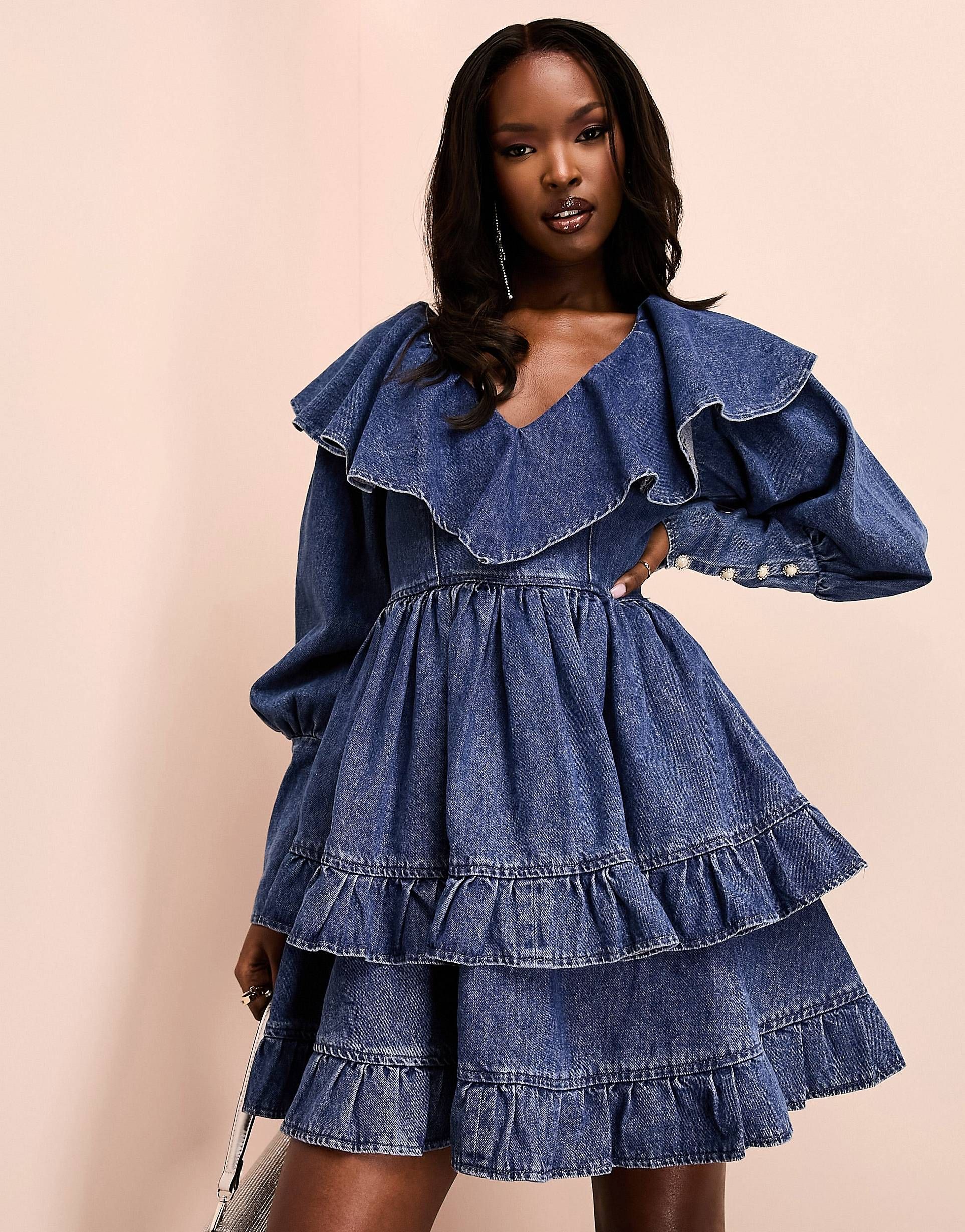 ASOS LUXE denim ruffle plunge tiered mini dress with diamante buttons in mid wash blue | ASOS (Global)