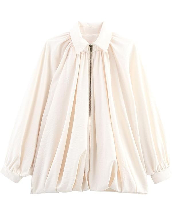 FindThy Women’s Puffed Bomber Jacket Trendy Lapel Collar Long Batwing Sleeve Front Zip Oversize... | Amazon (US)