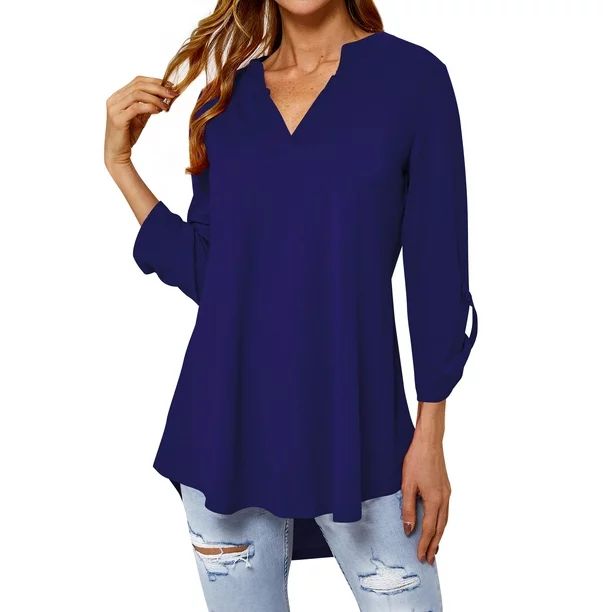 Women 3/4 Sleeve Notch V Neck Asymmetric Hem Shirt - Walmart.com | Walmart (US)