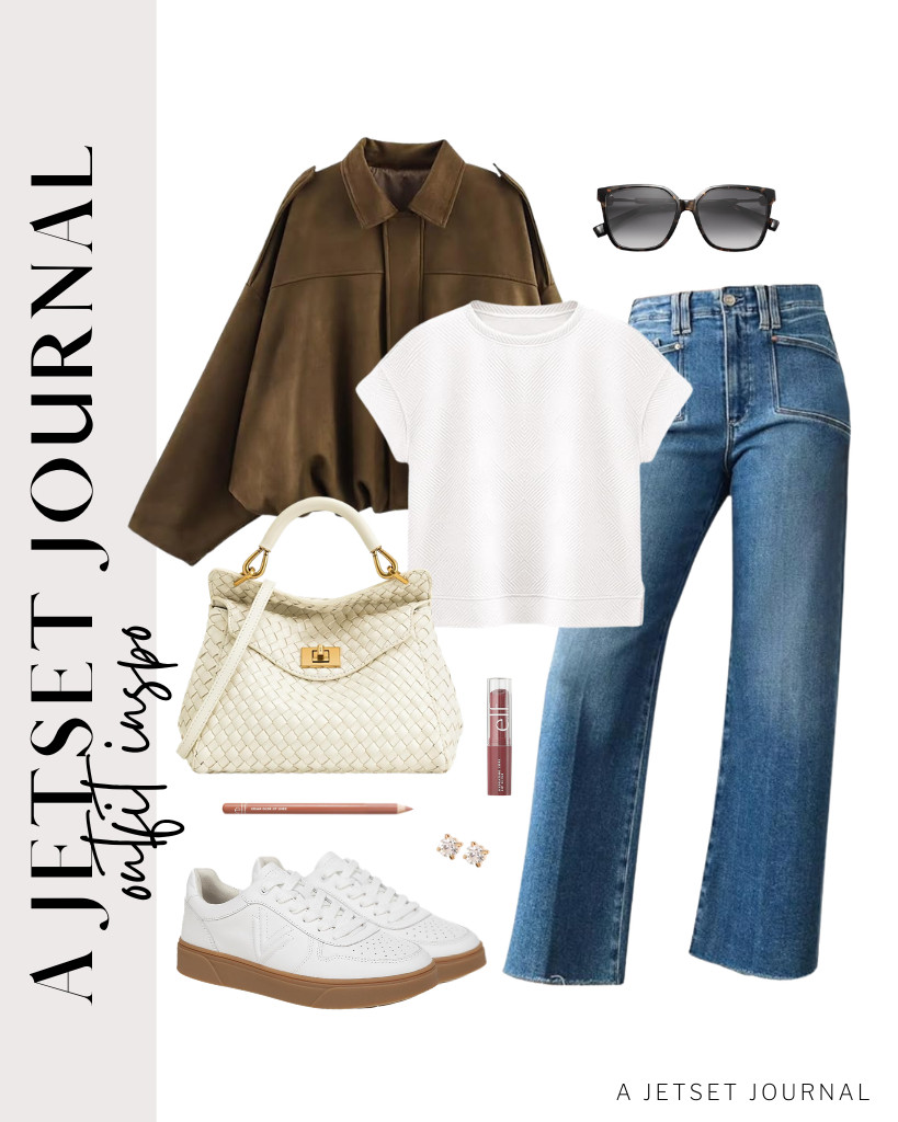 You will love this trio of a white top, a brown bomber jacket, and wide-leg jeans. It’s a perfect fit for travel days or casual events. This pair of Vionic Kimmie Court Sneakers totally matches this look. 

 #LTKSeasonal #LTKSaleAlert #LTKTravel