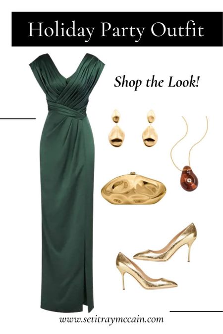 Holiday Party outfit Inspo. This lovely green maxi dress will be great for any special occasion. Wedding guest dress, wedding styles, wedding outfit, date night look, gold heels, gold clutch, gold purse, evening gown, evening dress, evening bag, gold earrings, gold necklace, luxury dress, designer shoes, designer dress, designer outfit, luxury outfits, maxi dress, long dress, short sleeve dress, Christmas party dress, Christmas dinner, vacation outfit, bridesmaids dress, bridesmaid, fall wedding, formal dress, formal party dress.

#LTKstyletip #LTKshoecrush #LTKworkwear
