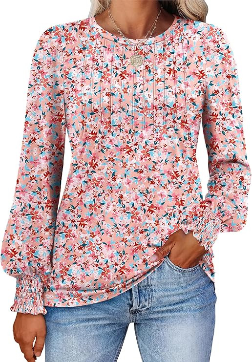 Prinbara Long Sleeve Shirts for Women 2025 Fall Tops Floral Print Pleated Dressy Casual Blouses | Amazon (US)