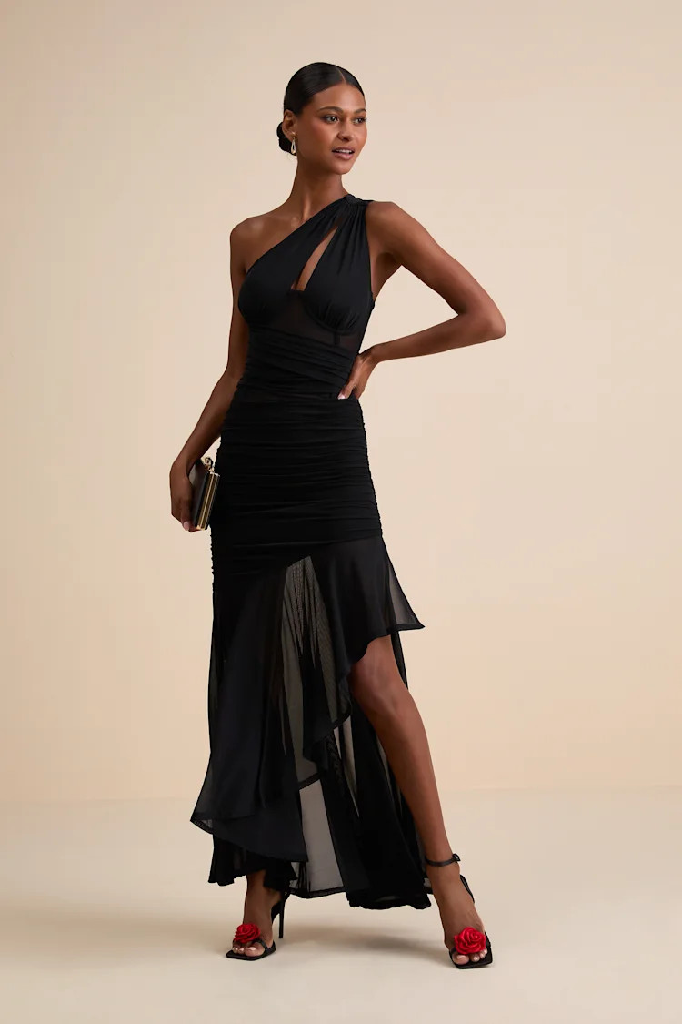 Marcellina Black Mesh Ruched One-Shoulder Maxi Dress | Lulus