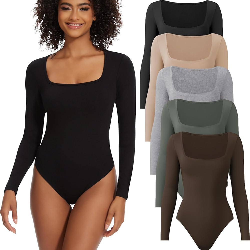 TVKSOM 5/3/1 Pack Long Sleeve Body Suits Womens Square Neck Casual Stretchy Basic Shirts Body sui... | Amazon (US)