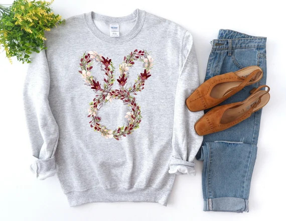 Floral Easter Bunny Wreath Sweatshirt Happy Easter Sweater | Etsy | Etsy (US)
