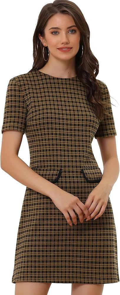 Allegra K Work Dress for Women Short Sleeve Vintage Houndstooth Above The Knee Dress | Amazon (US)