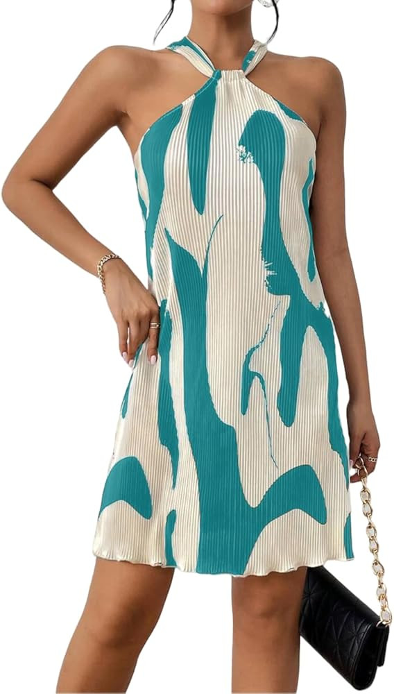 Women's Summer Dress Printed Halter Neck Pleated Mini Casual Sundress Party Date | Amazon (US)