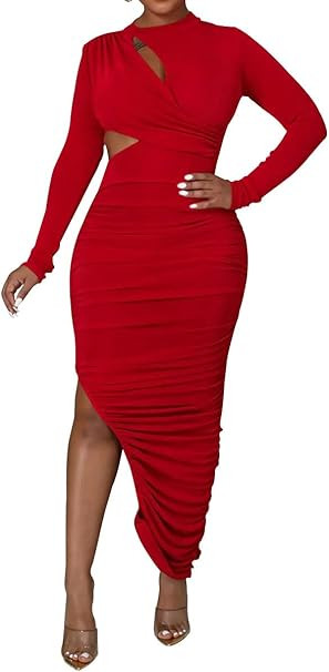 Women's Sexy Ruched Long Sleeve Bodycon Dress Cut Out Solid Color Basic Fitted Elegant Midi Dress... | Amazon (US)