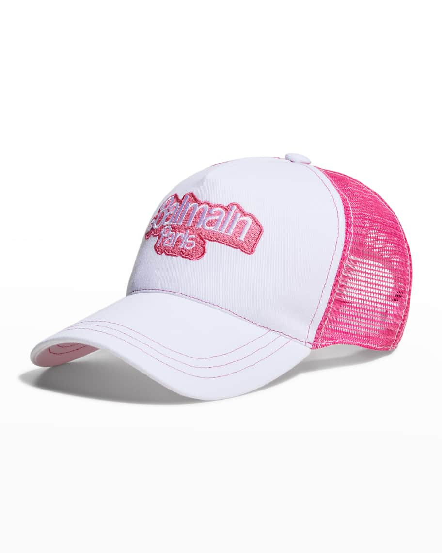 Balmain x Barbie Logo Embroidered Fishnet Baseball Cap | Neiman Marcus