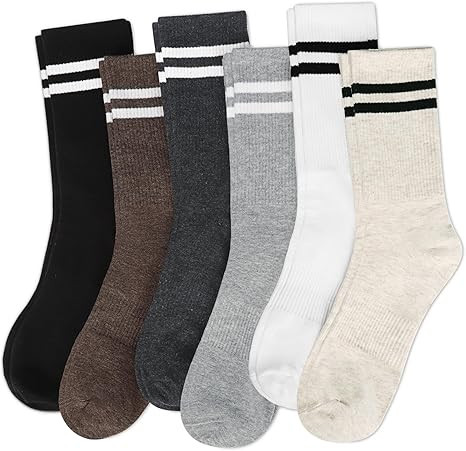 Justay 6 Pairs Striped Crew Socks - Cute Casual Long Athletic Running Tube Calf Cotton Socks for ... | Amazon (US)