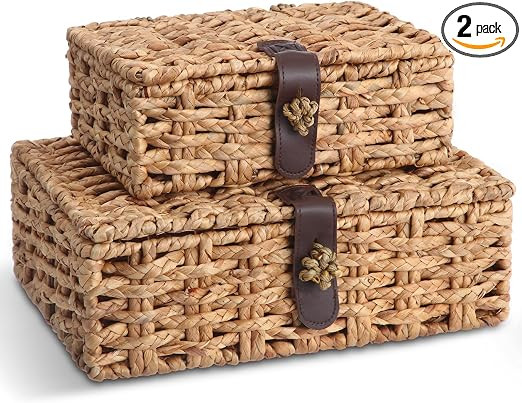 Novabright 2 Pcs Seagrass Storage Basket Box with Lid Decorative Box Storage Basket with Lid Rect... | Amazon (US)