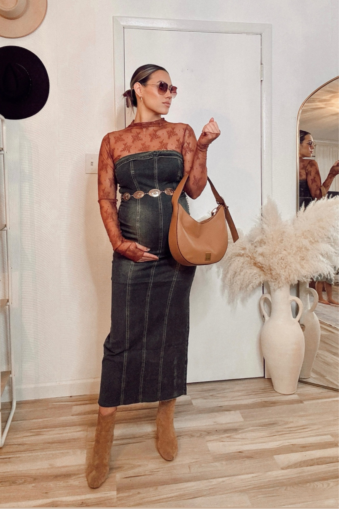 New Fall chic bump style fit! 

Denim dress outfit inspo 
Lace free people top 
Dolce Vita bag 
Diff eyewear 

#LTKbump #LTKstyletip #LTKSeasonal