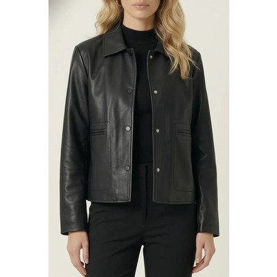 Modenaire Leather Button Front Jacket in Black at Nordstrom, Size X-Large | Nordstrom