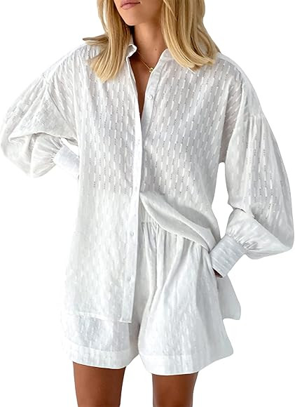 Linen Sets for Women 2 Piece Casual Tracksuit Outfit Stripe Long Sleeve Button Down Shirt and Elasti | Amazon (UK)