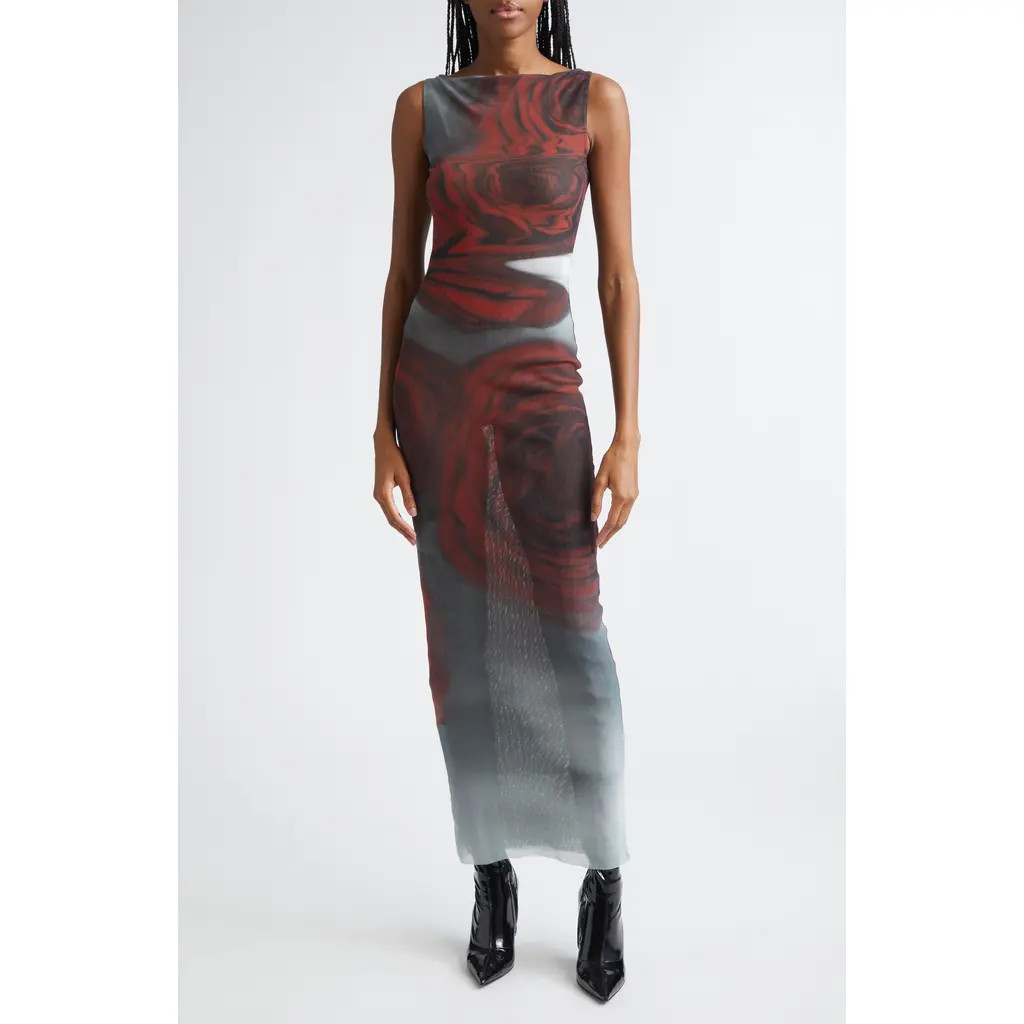 Jean Paul Gaultier Blurry Roses Print Mesh Dress in White/Grey/Red at Nordstrom, Size Medium | Nordstrom