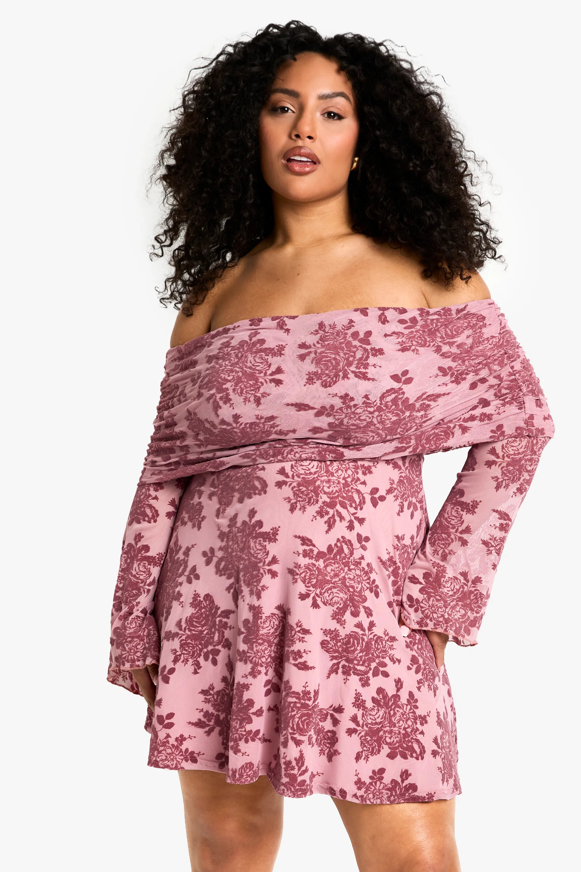 Plus Devore Bardot Flare Sleeve Mini Dress | boohoo (US & Canada)