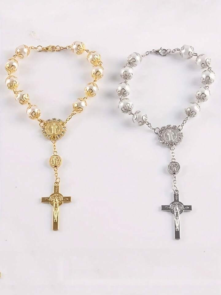 1pc Vintage Lace, Faux Pearl & Glass Cross Bead  Bracelet, Baptism/ Festival Gift | SHEIN