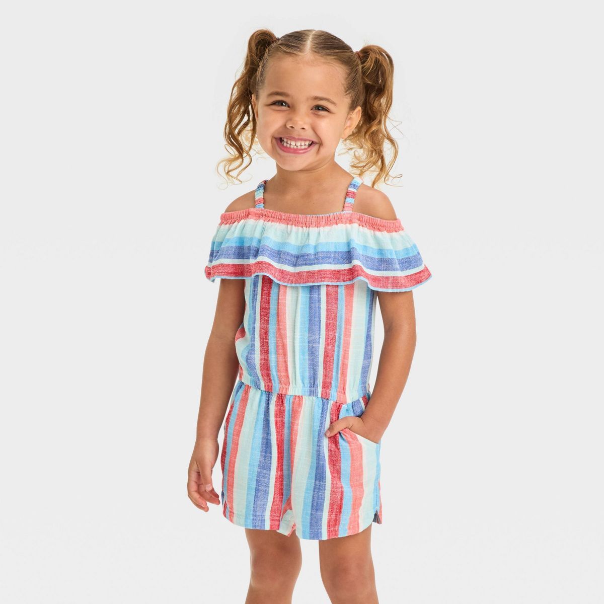 Toddler Girls' Striped Romper - Cat & Jack™ Red/Blue/White 5T | Target