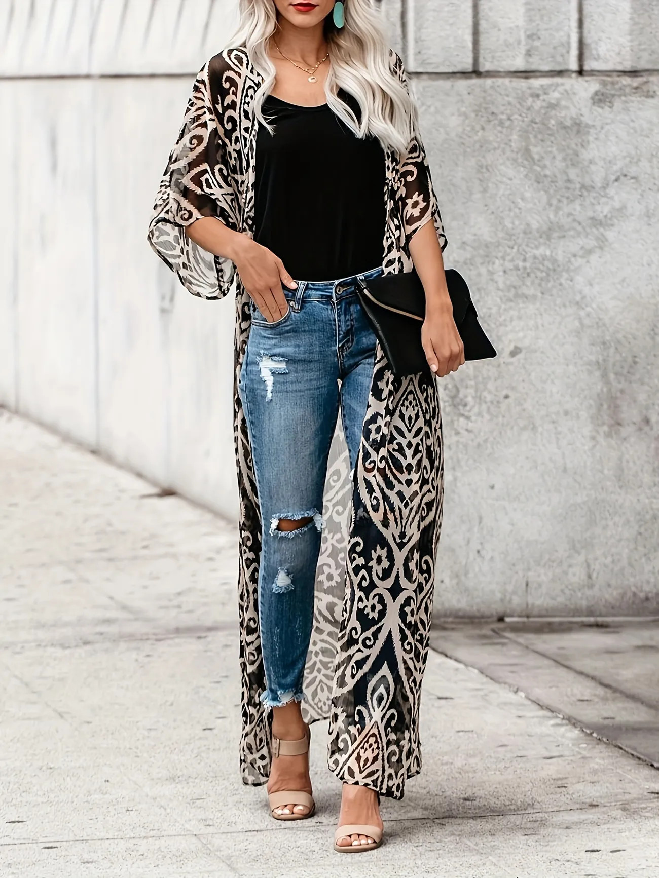 Graphic Print Open Front Kimono, Boho Cover Up Kimono For Spring & Summer, Women's Clothing | Temu Affiliate Program