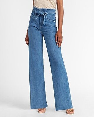 Super High Waisted Frayed Tie Waist Wide Leg Jeans | Express