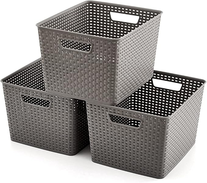 EZOWare Woven Plastic Storage Baskets, Large Organizer Knit Basket Bins - Pack of 3 | Amazon (US)