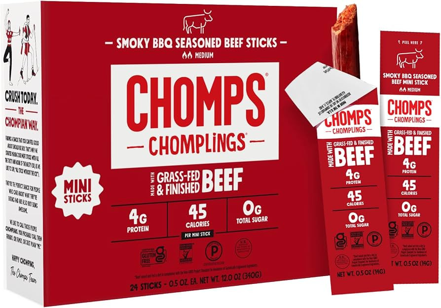Chomps Smoky BBQ Beef Chomplings, Grass-Fed & Finished, 24ct Protein Snack     0.5 Oz Chomplings ... | Amazon (US)