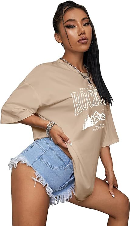 Cozyease Women's Graphic Tees Oversized T Shirts Letter Print Casual Summer Tops Loose Drop Shoul... | Amazon (US)