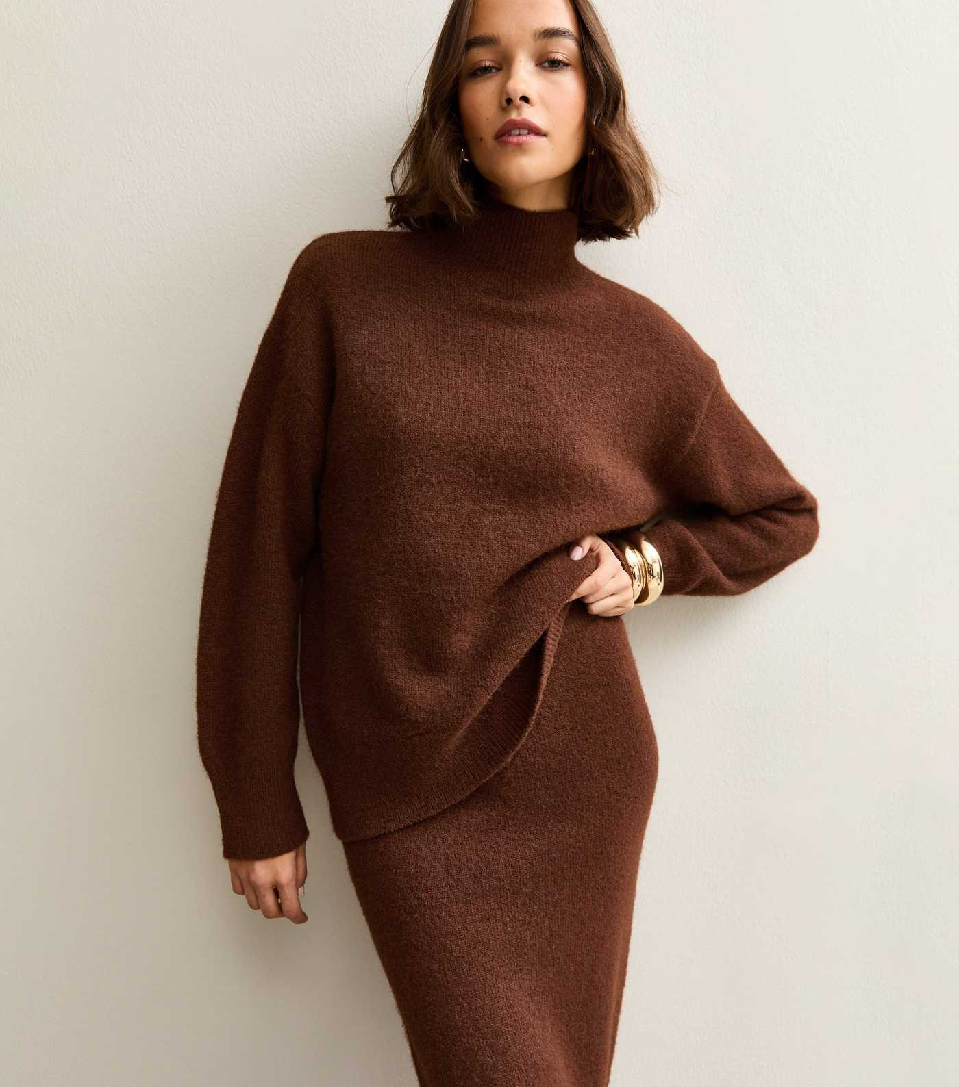Dark Brown Longline High Neck Jumper | New Look | New Look (UK)