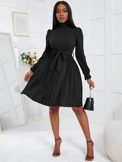 Turtleneck Flounce Sleeve Pleated Hem Belted Dress | SHEIN