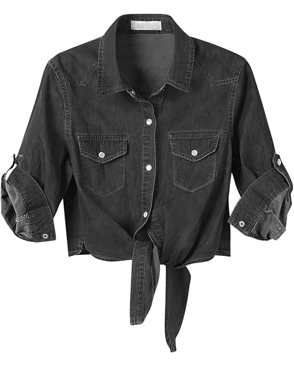 American Trends Women's Denim Shirt 3/4 Sleeve Tie Front Top Knot Chambray Cardigan Button Shirt ... | Amazon (US)