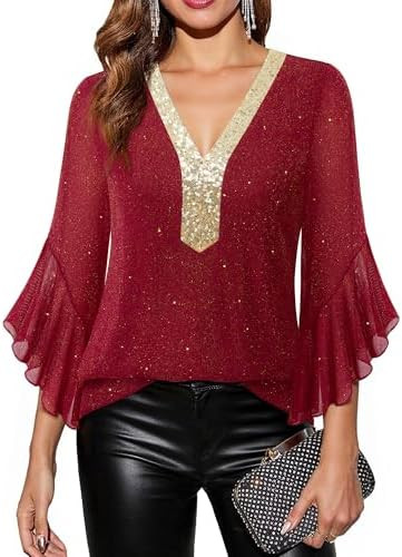 Timeson Women's Ruffle 3/4 Sleeve Sparkly Tops Sequin V Neck Blouses Dressy Fall Shirts | Amazon (US)