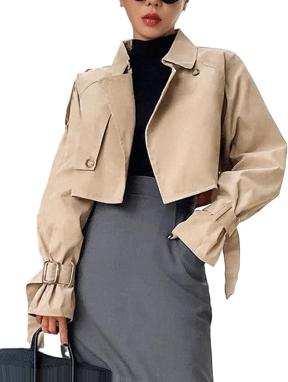 Women's Cropped Trench Coat Long Sleeve Casual Jacket Classic Double-Breasted Lapel Overcoat Fash... | Amazon (US)