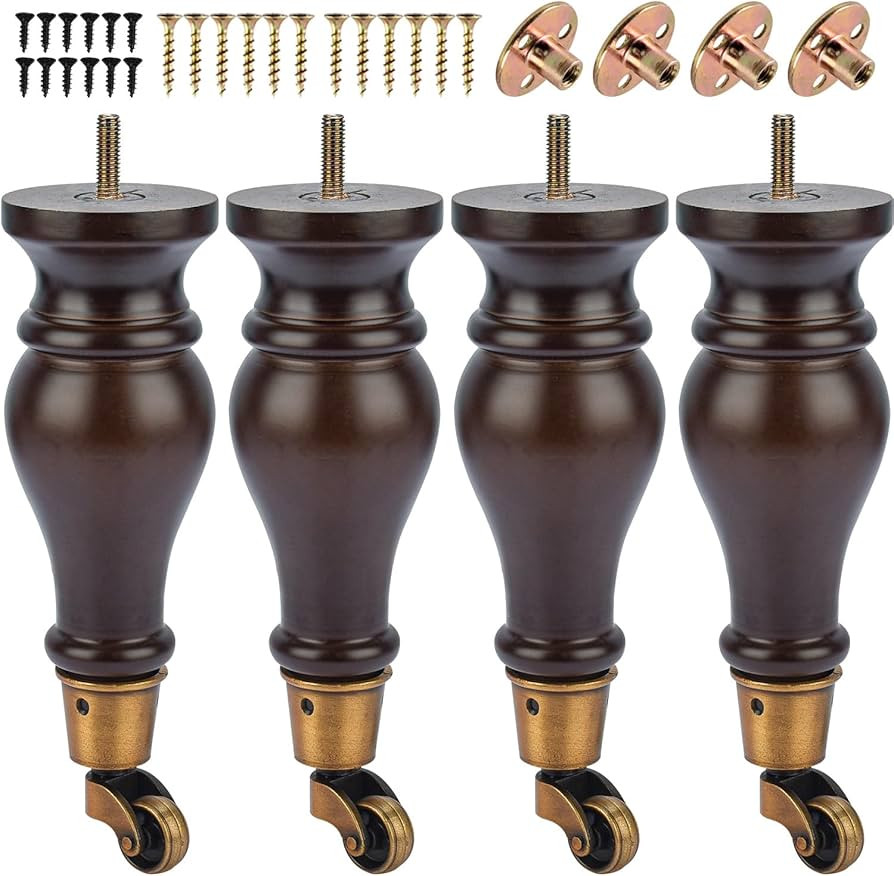 9 inch / 22cm Wooden Furniture Legs with Casters Wheels, Pack of 4 Classic Walnut Solid Wood Roun... | Amazon (US)