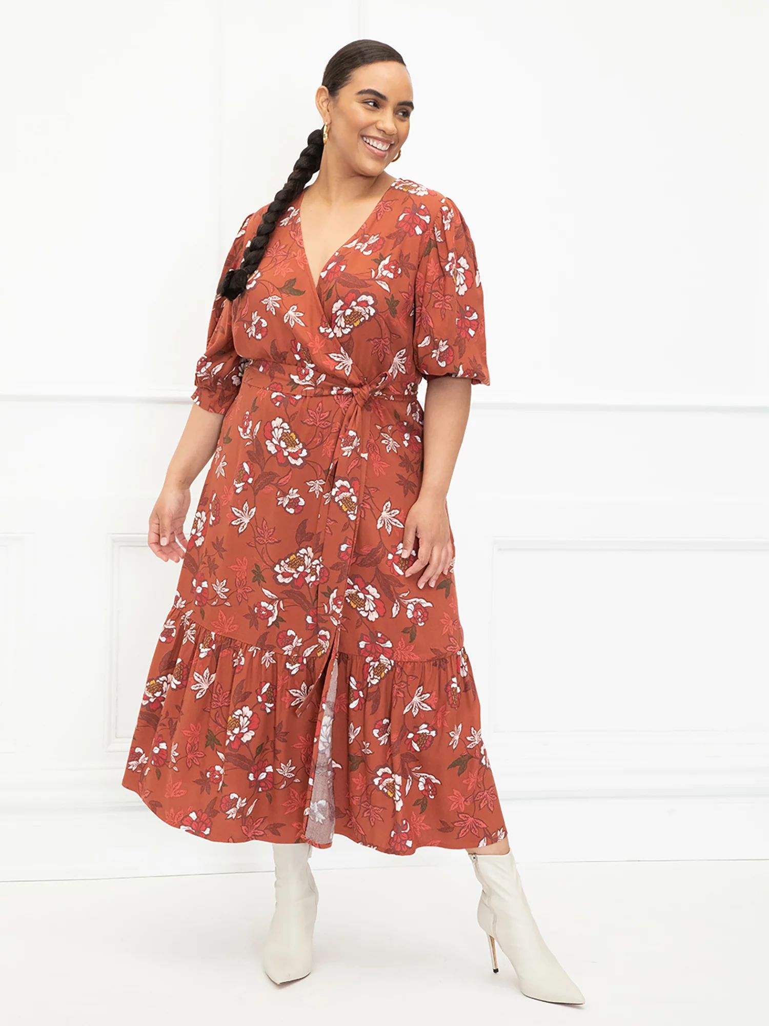 ELOQUII Elements Women's Plus Size Folk Print Midi Wrap Dress with Puff Sleeves | Walmart (US)