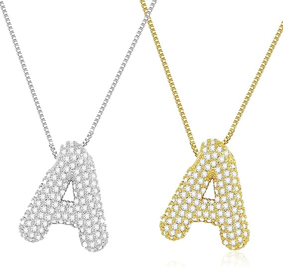 2PCS Bubble Initial Letter Necklace for Girls Women 18K Gold Plated Balloon Letter Trendy Alphabe... | Amazon (US)