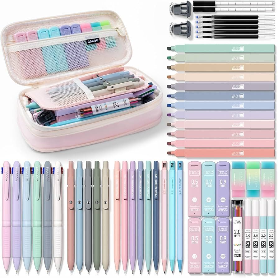 Four Candies 56 PCS Aesthetic School Supplies with Large Pencil Case, 6 Colored Ballpoint Pens, 1... | Amazon (US)