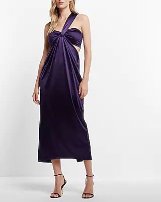 Satin One Shoulder Twisted Side Cutout Midi Dress | Express