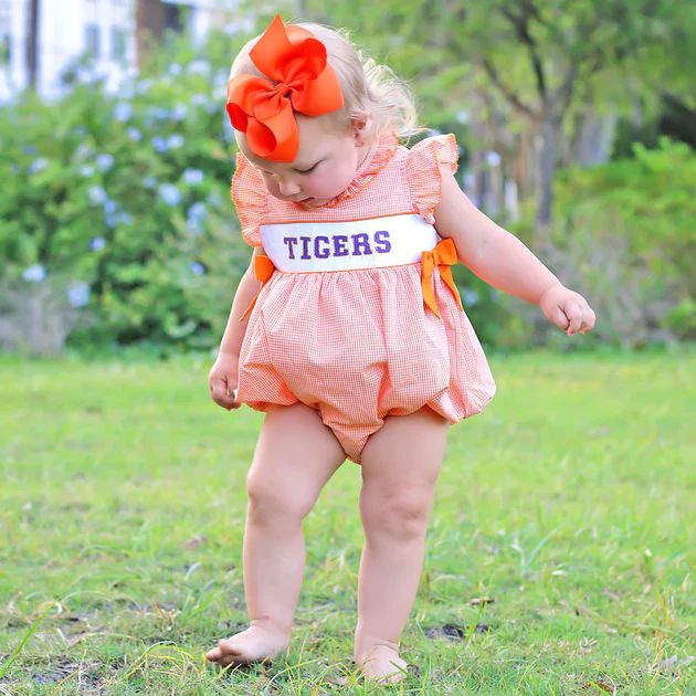 Orange Tigers Smocked Spirit Bubble Check | Classic Whimsy