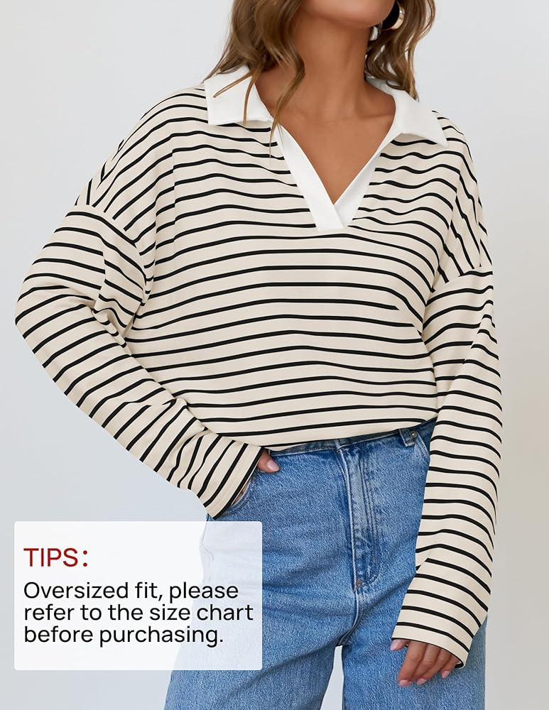 ZESICA Womens Striped Long Sleeve Shirts 2024 Casual V Neck Oversized Sweatshirt Loose Fit Tunic ... | Amazon (US)