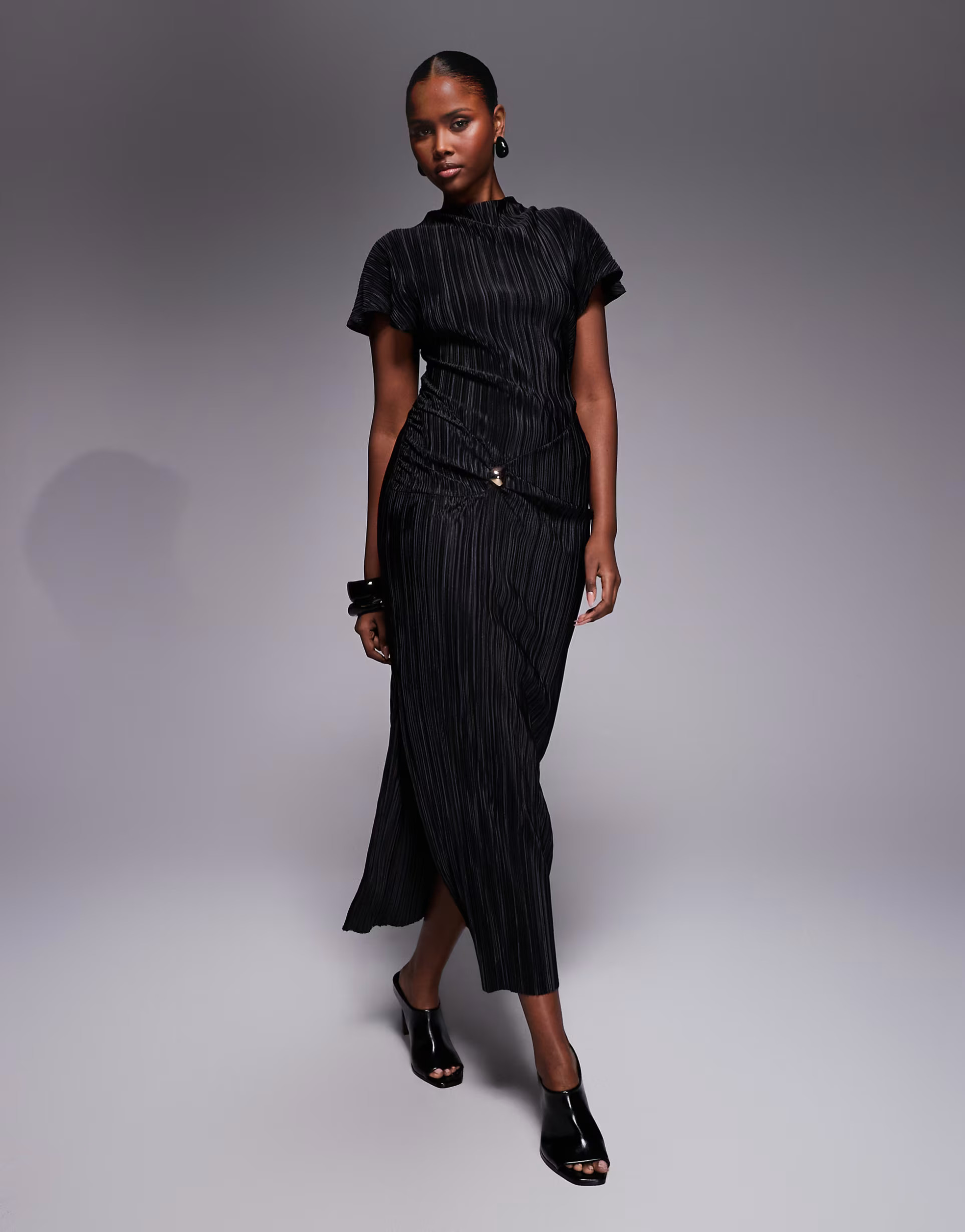 ASOS DESIGN hardware plisse twist detail midi dress in black | ASOS (Global)